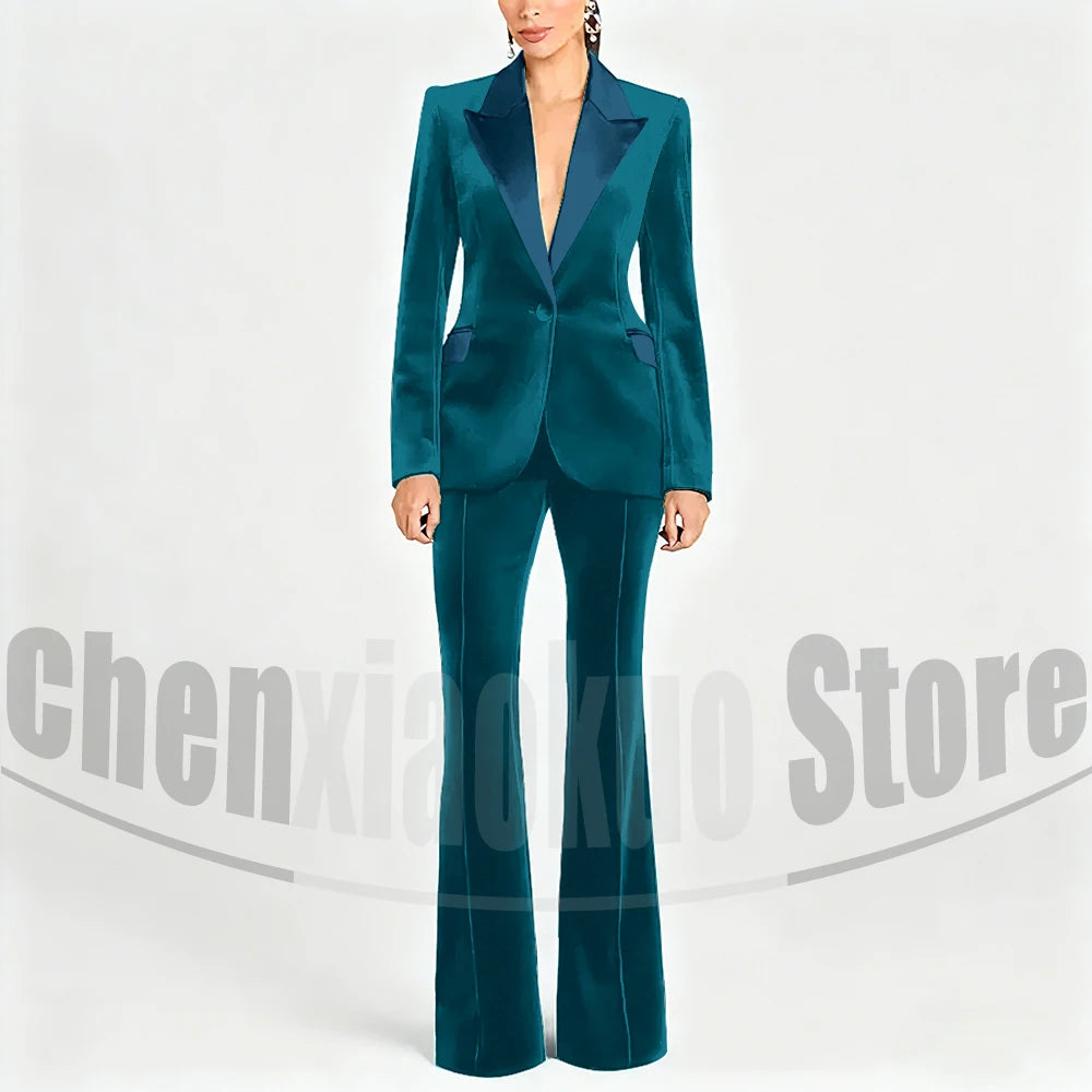 Ensemble de costume en velours pour femmes, Blazer à un bouton et pantalon évasé, vêtements de cérémonie élégants pour soirée, bal, tenue Slim, deux pièces