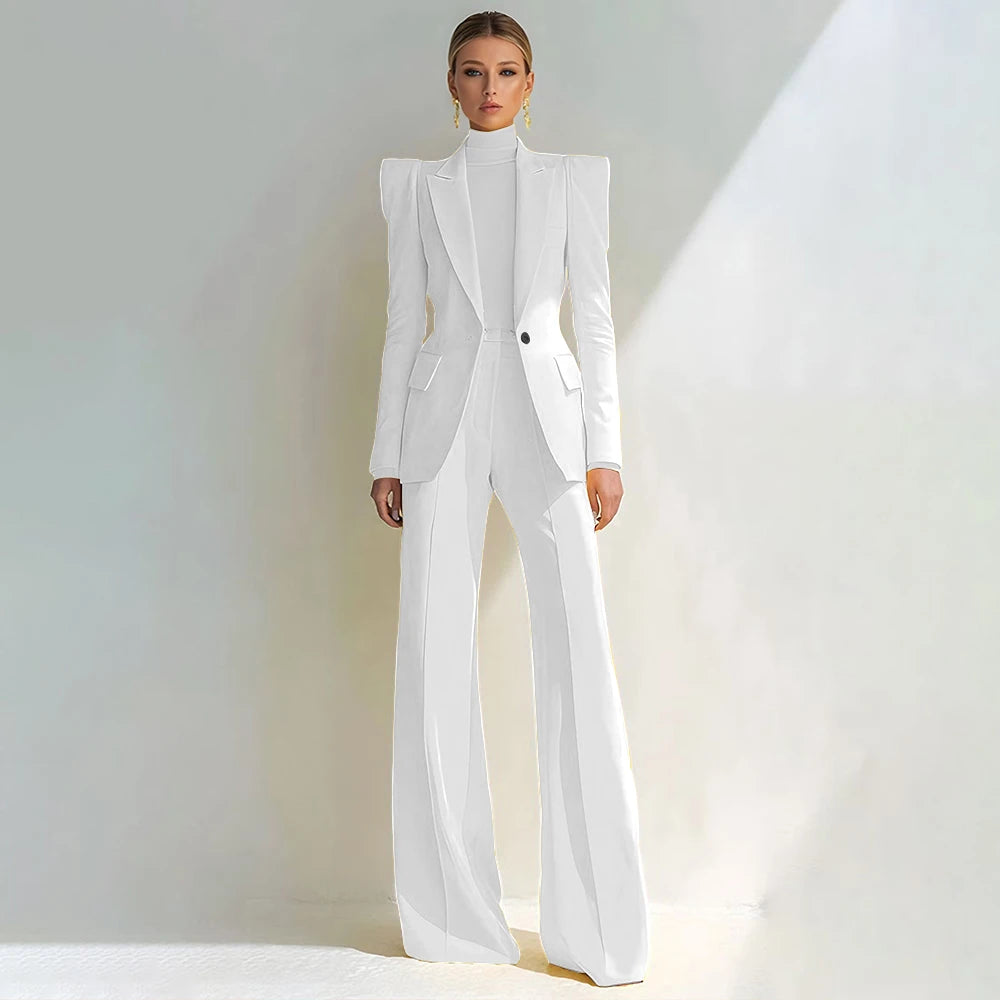 Costume rouge professionnel pour femmes, revers à pointe, bouton unique, Blazer élégant et pantalon évasé, ensemble 2 pièces, vêtements de bureau formels