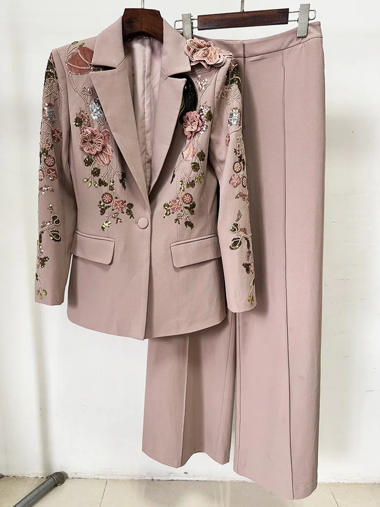 HIGH STREET – ensemble de costume de défilé de styliste pour femmes, Blazer perlé à fleurs 3D, pantalon à jambes larges, nouvelle collection