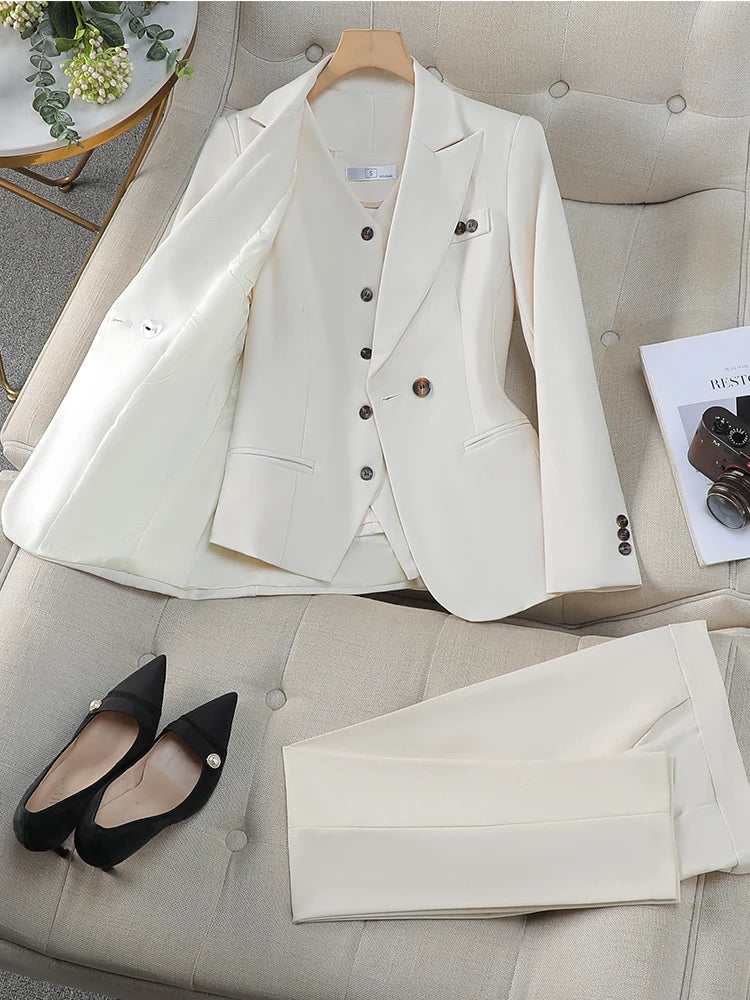 Ensemble blazer et pantalon pour femme, tenue de travail, de carrière, formel, rose, bleu, abricot, 3 pièces