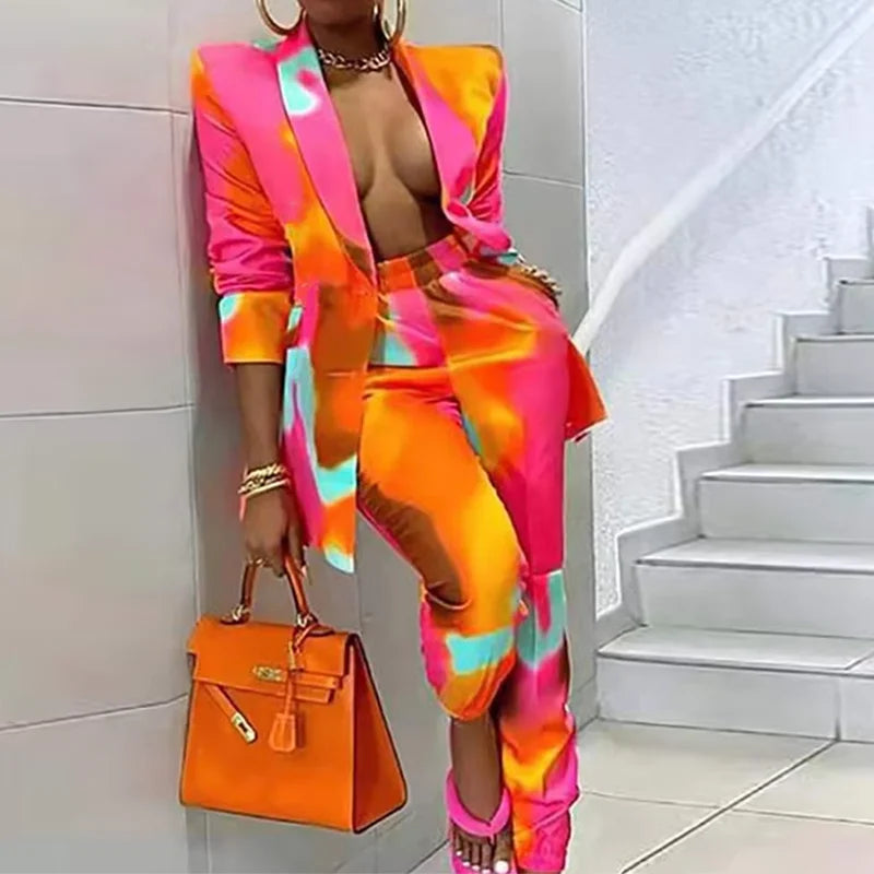 Ensemble tailleur élégant pour femme : blazer, pantalon crayon, imprimé rétro, bouton unique, tenue décontractée printemps-automne, deux pièces