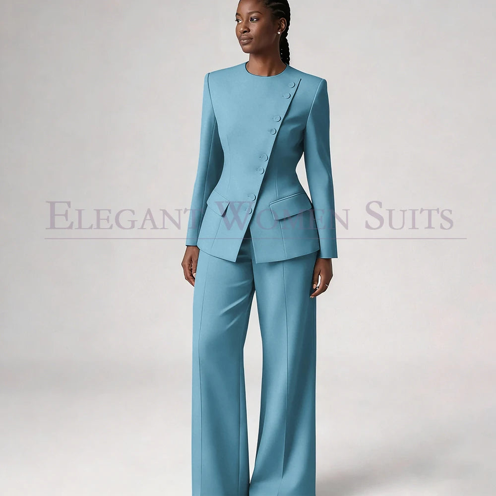 Costume de mode pour femme, blazer à simple boutonnage, col rond, longueur standard, ensemble 2 pièces veste et pantalon, tenue formelle de luxe