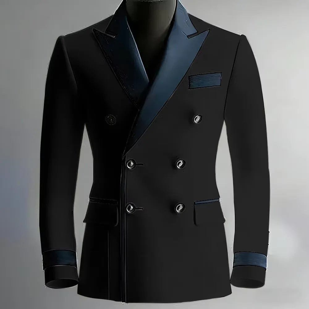 Blazer de costume élégant pour homme en serge, classique, croisé, coupe ajustée, avec revers à pointe noirs, veste formelle pour affaires, décontracté ou soirée