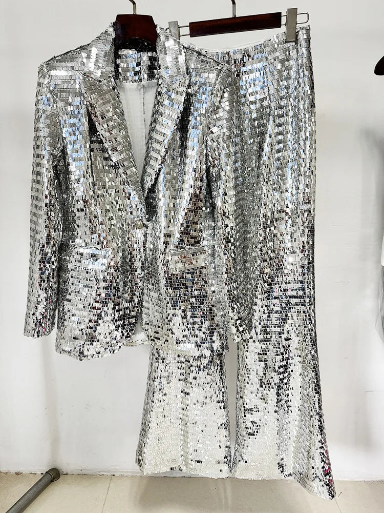 Ensemble tailleur élégant pour femme, collection 2026, avec blazer en maille à sequins et bouton unique, et pantalon – Nouveauté HIGH STREET