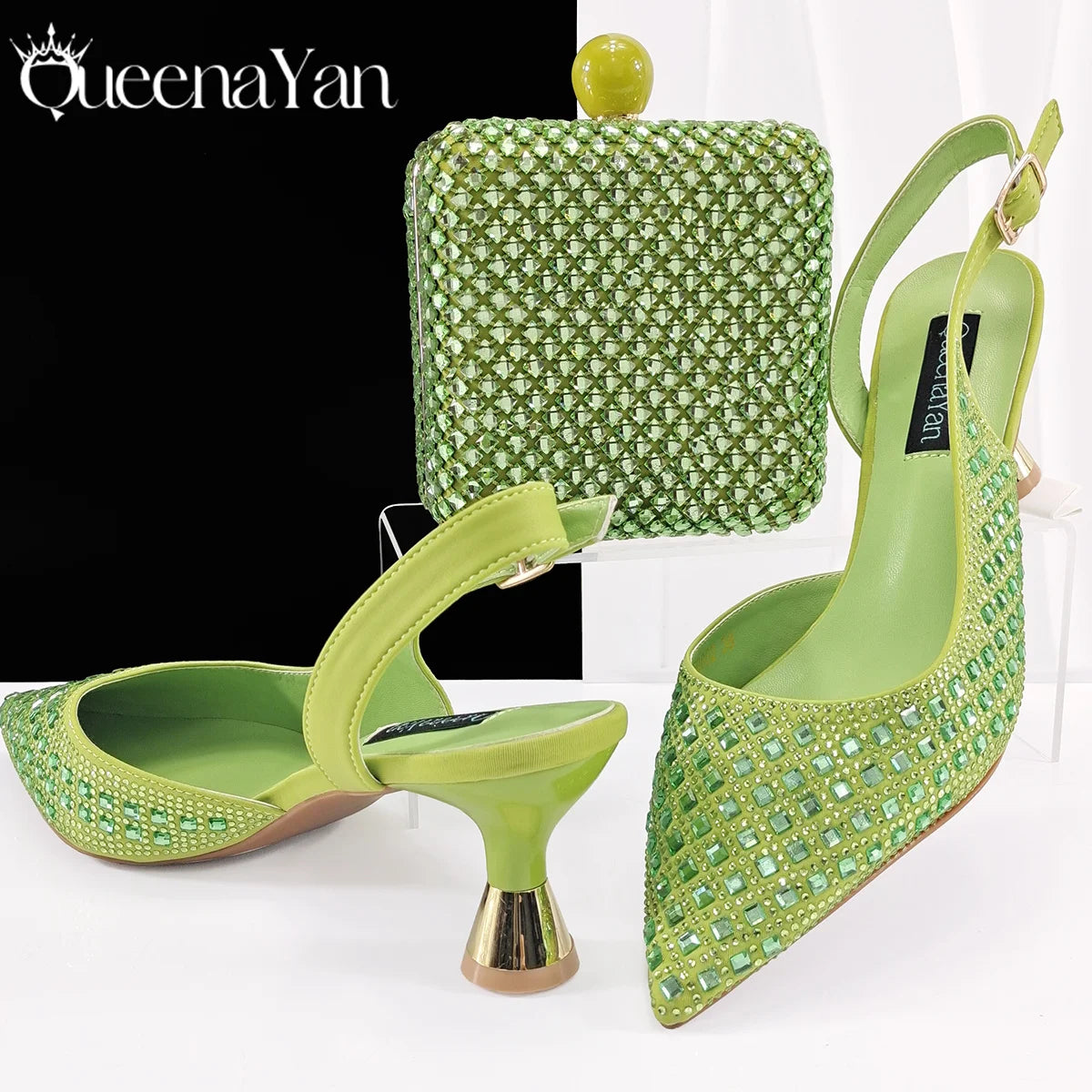 Queena Yan Design italien strass luxe couleur verte bout pointu chaussure et sac ensemble femmes talons hauts pour les fêtes de haute qualité