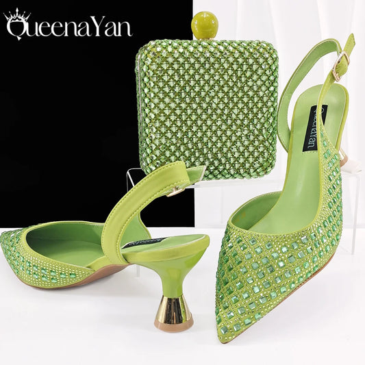 Queena Yan Design italien strass luxe couleur verte bout pointu chaussure et sac ensemble femmes talons hauts pour les fêtes de haute qualité