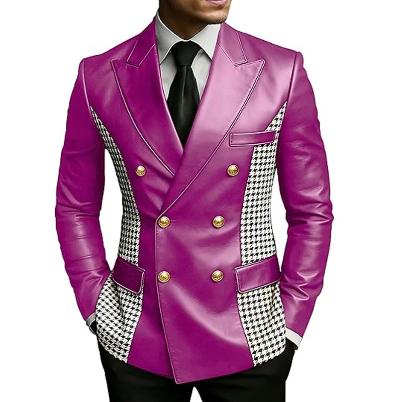 Blazer en cuir marron pour homme avec côtés à motif pied-de-poule, vintage, bicolore, double boutonnage, coupe ajustée, boutons dorés, veste de smoking en cuir