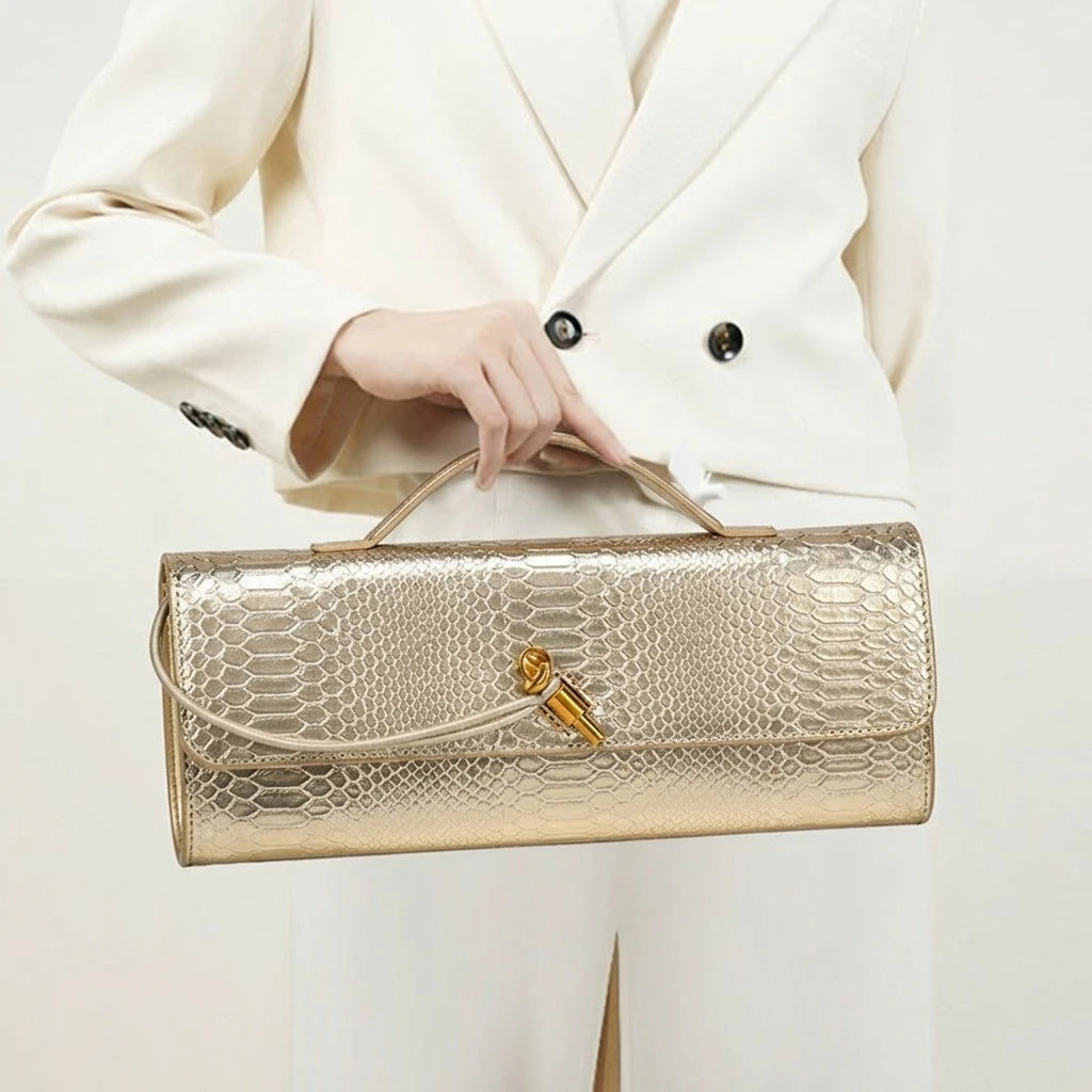 Sac bandoulière en similicuir croco doré métallisé pour femme, élégant sac à poignée supérieure, pochette de soirée avec fermoir