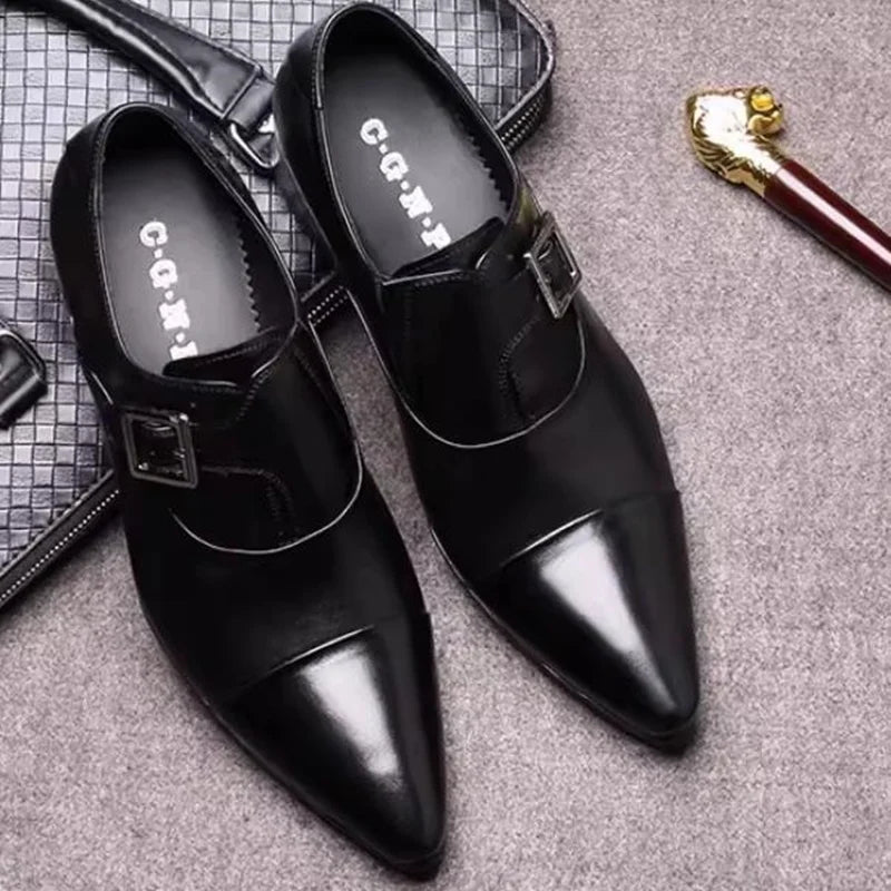 Chaussures en cuir élégantes pour hommes, style britannique, cuir véritable, boucle à lanières, mocassins, chaussures habillées, chaussures à enfiler, chaussures de cérémonie formelles