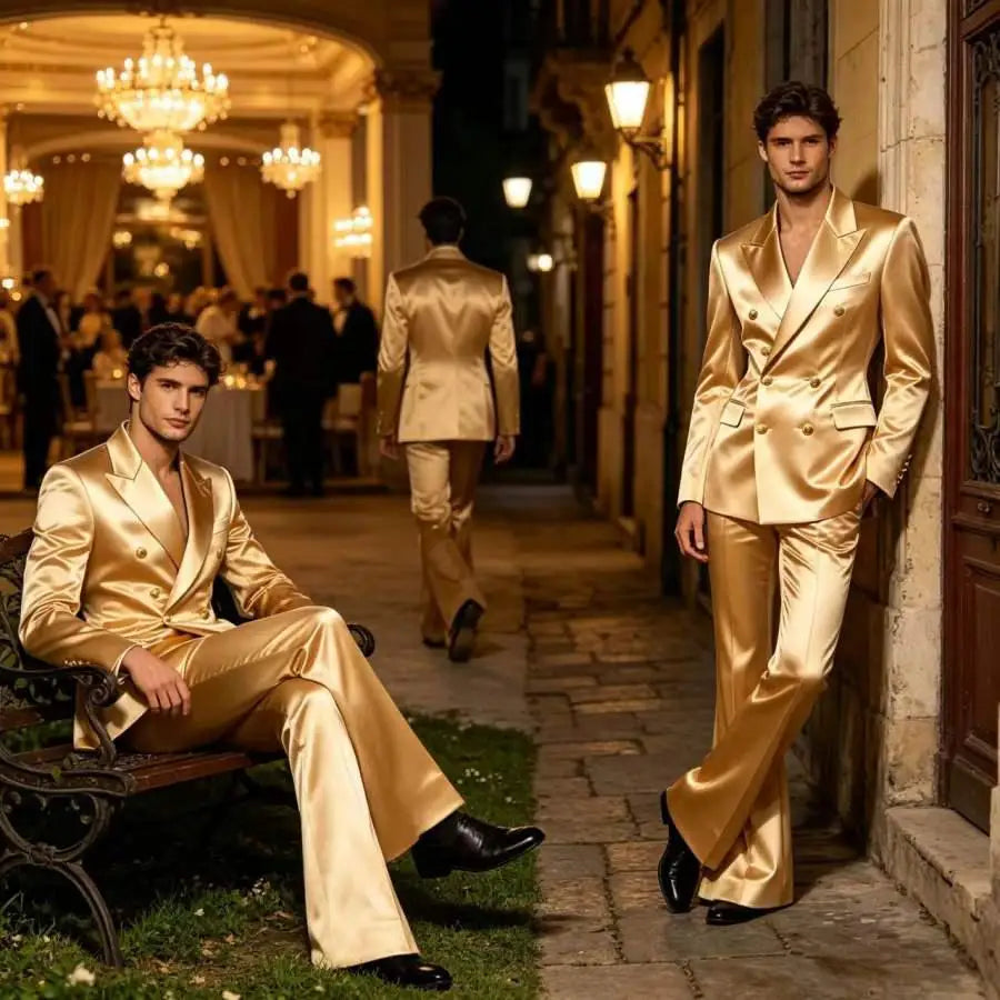 Ensemble de costume satiné croisé pour homme, 2 pièces, revers cranté, blazer à boutons dorés, pantalon évasé, tenue formelle pour mariage, bal de promo, soirée, ou marié