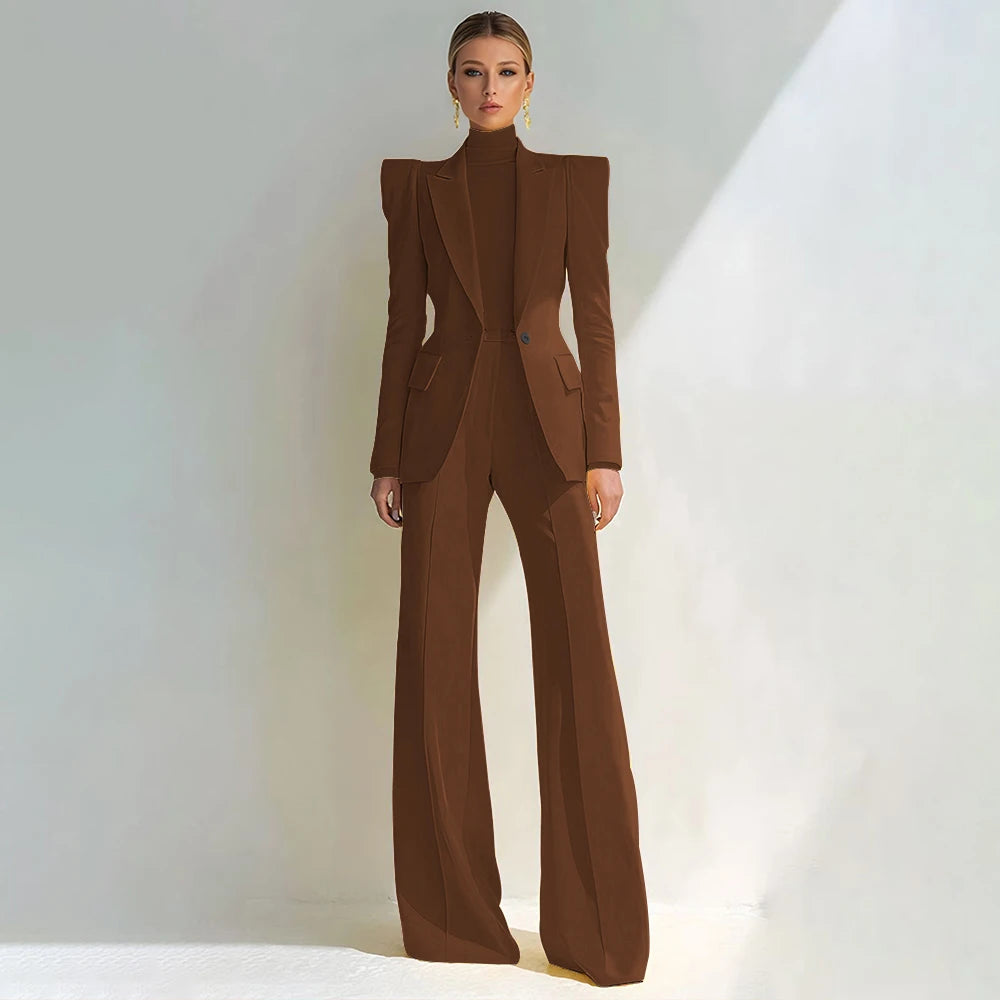 Costume rouge professionnel pour femmes, revers à pointe, bouton unique, Blazer élégant et pantalon évasé, ensemble 2 pièces, vêtements de bureau formels