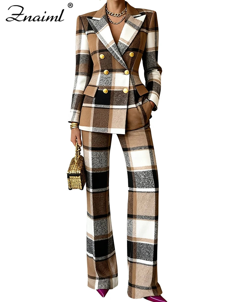 Znaiml Chic Plaid imprimé mince femmes Blazer costume revers à manches longues veste et taille haute pantalon droit 2 pièces ensemble bureau