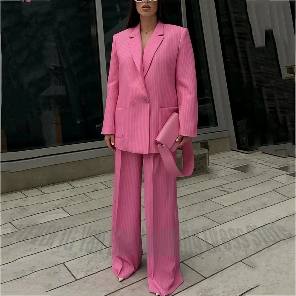 Ensemble tailleur chic pour femme à rayures fines, rose, double boutonnage, col cranté, classique, élégant, tenue de bureau décontractée, deux pièces