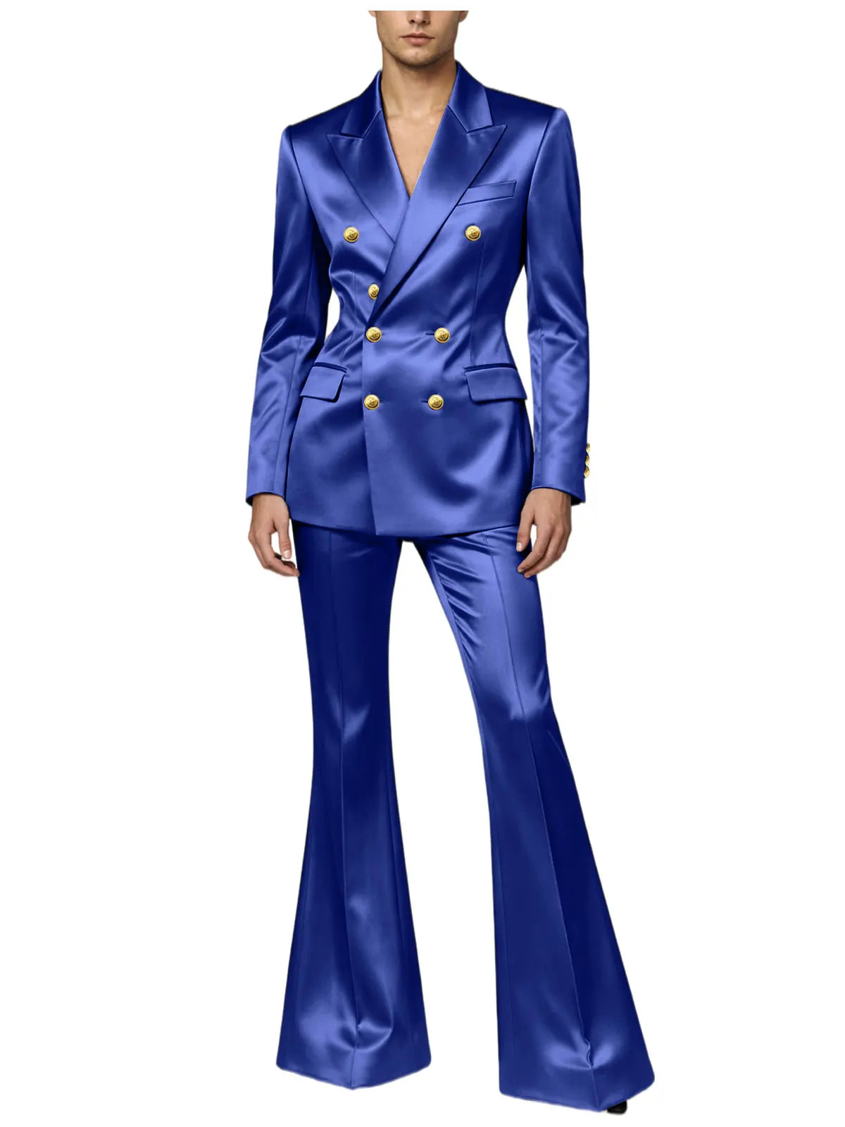 Ensemble de costume satiné croisé pour homme, 2 pièces, revers cranté, blazer à boutons dorés, pantalon évasé, tenue formelle pour mariage, bal de promo, soirée, ou marié