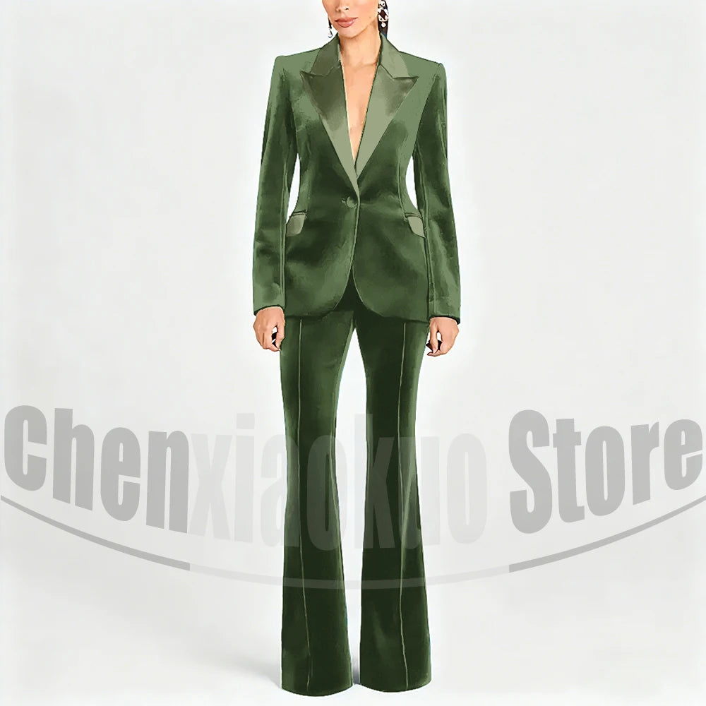 Ensemble de costume en velours pour femmes, Blazer à un bouton et pantalon évasé, vêtements de cérémonie élégants pour soirée, bal, tenue Slim, deux pièces