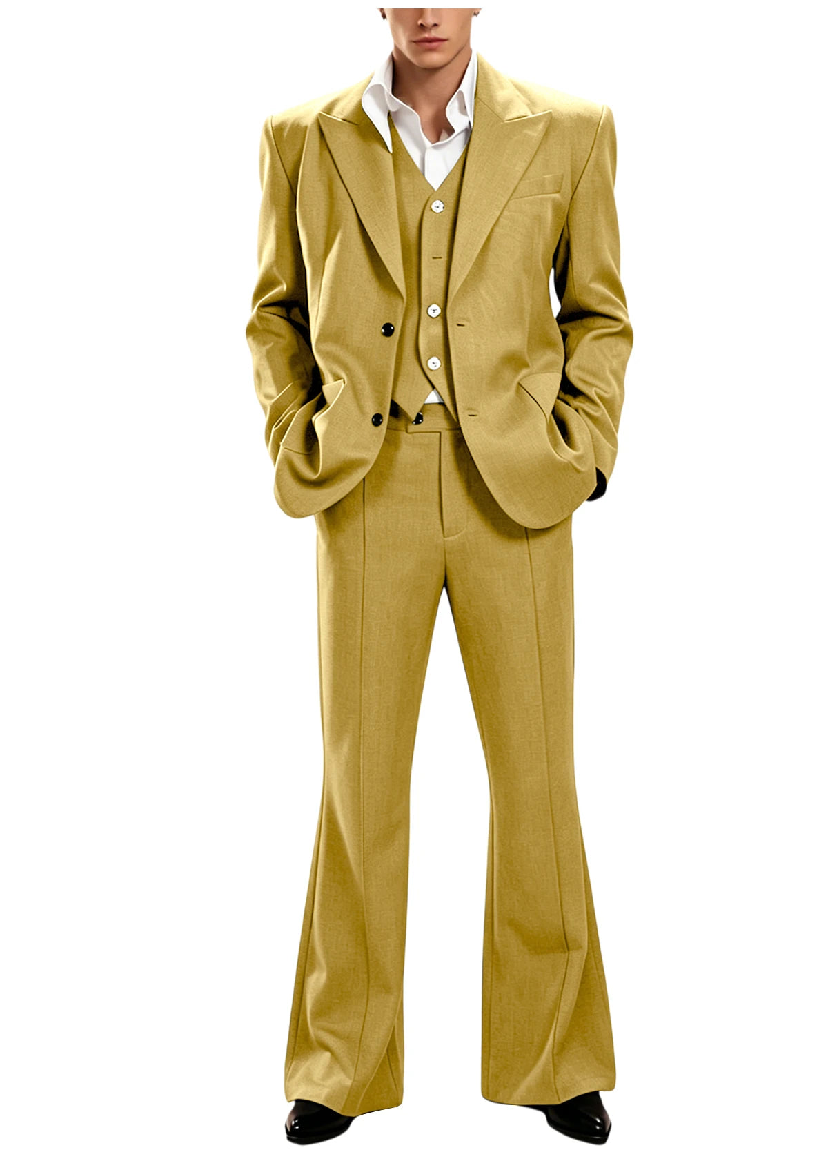 Ensemble de costume 3 pièces vintage pour homme, revers pointu, coupe ajustée, blazer croisé à 2 boutons, gilet et pantalon évasé pour occasions formelles, affaires et mariages