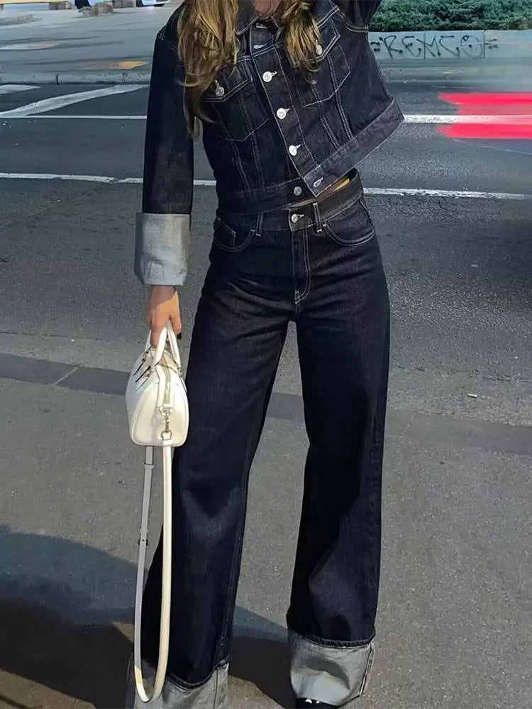 Veste en jean à simple boutonnage pour femme, pantalon taille haute, pantalon large à fermeture éclair, mode rétro, imbibé, épissage, poche, ensemble 2 pièces