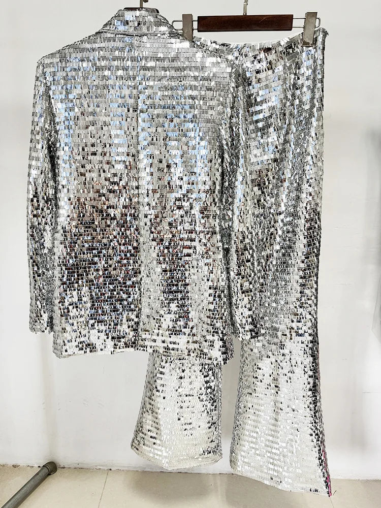 Ensemble tailleur élégant pour femme, collection 2026, avec blazer en maille à sequins et bouton unique, et pantalon – Nouveauté HIGH STREET