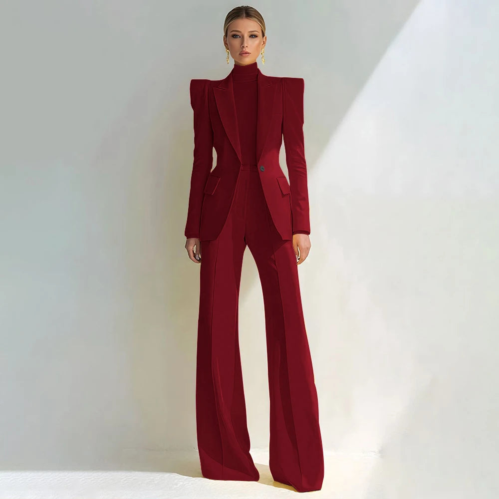 Costume rouge professionnel pour femmes, revers à pointe, bouton unique, Blazer élégant et pantalon évasé, ensemble 2 pièces, vêtements de bureau formels