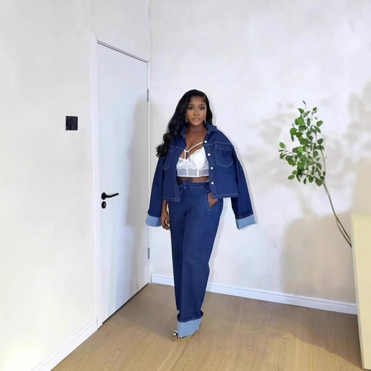 Ensemble 2 Pièces Femme : Veste en Jean et Pantalon Droit, Style Vintage Délavé, Tenue Streetwear à Lacets, Printemps 2026