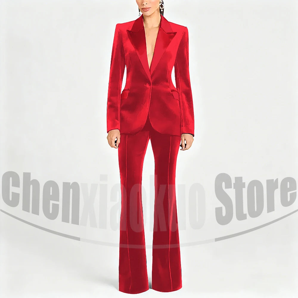 Ensemble de costume en velours pour femmes, Blazer à un bouton et pantalon évasé, vêtements de cérémonie élégants pour soirée, bal, tenue Slim, deux pièces
