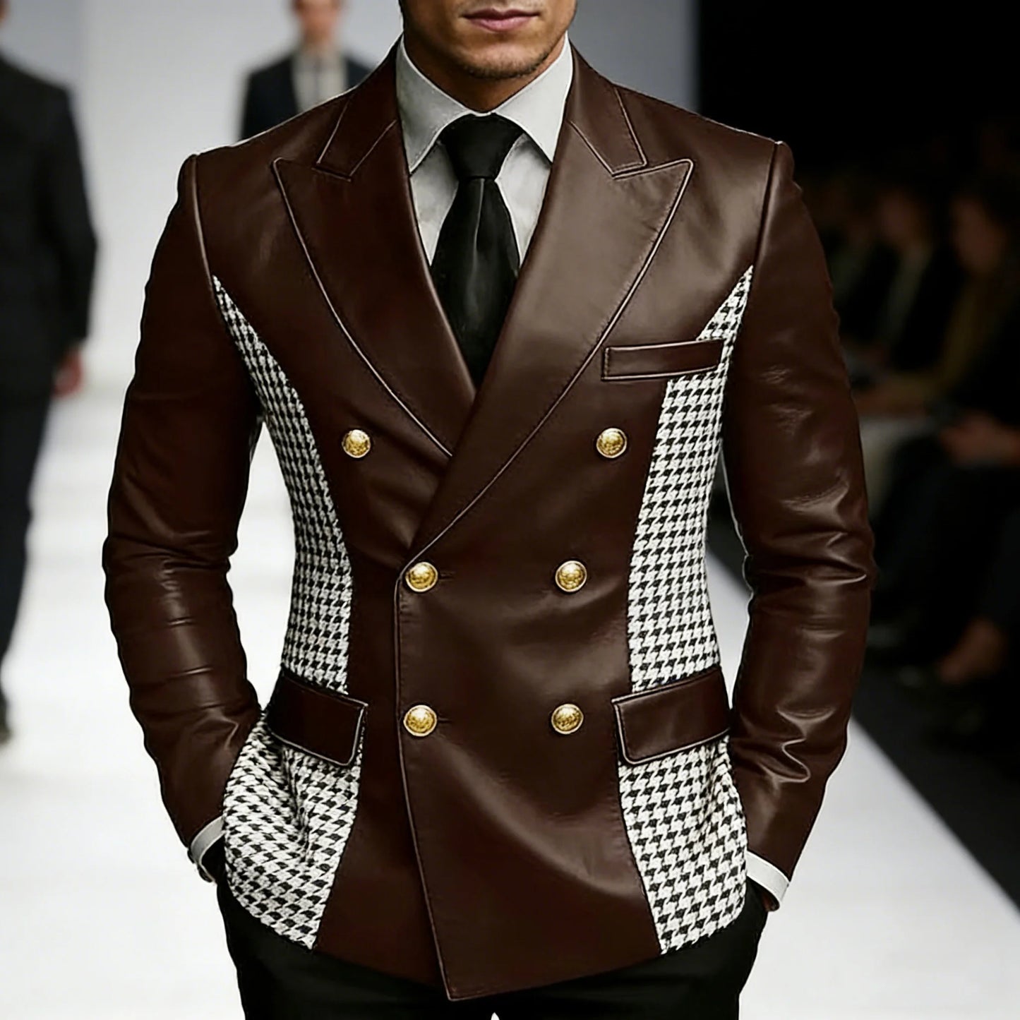 Blazer en cuir marron pour homme avec côtés à motif pied-de-poule, vintage, bicolore, double boutonnage, coupe ajustée, boutons dorés, veste de smoking en cuir