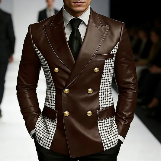Blazer en cuir marron pour homme avec côtés à motif pied-de-poule, vintage, bicolore, double boutonnage, coupe ajustée, boutons dorés, veste de smoking en cuir