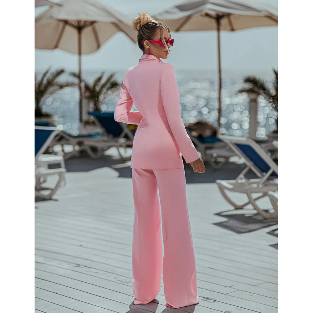 Ensemble Pantalon Rose Élégant à Double Boutonnage pour Femme, Tenue Décontractée, Slim, 03, Bal de Promo, (Veste + Pantalon), 2 Pièces