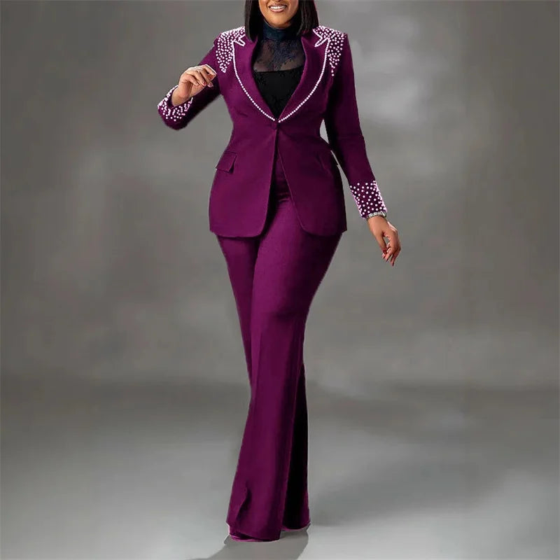 Blazer et pantalon à jambes larges pour femmes, ensembles assortis, manteau en perles d'affaires, olympiques formels élégants, luxe, dame de bureau, club, ensemble de 2 pièces