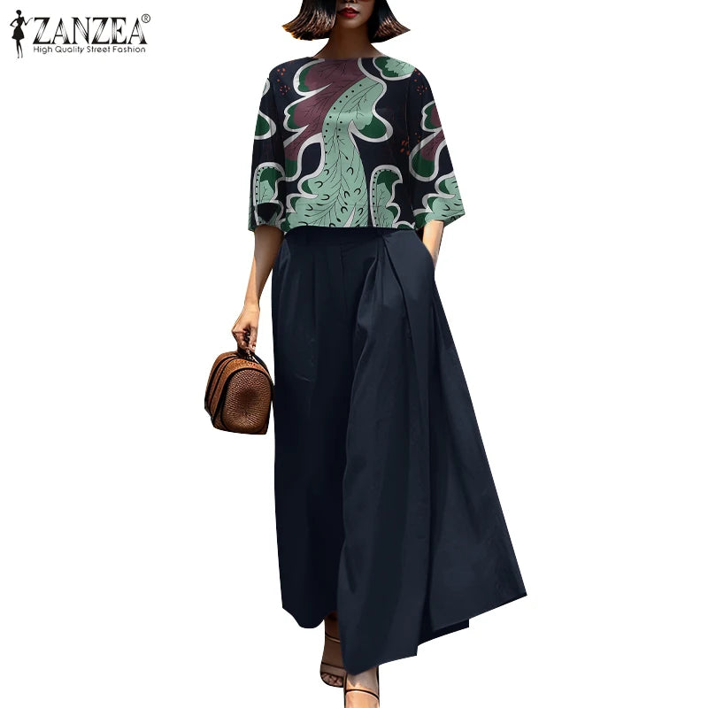 Mode été 3/4 manches Blouse pantalon costumes ZANZEA élégant femmes pantalons à jambes larges ensembles 2 pièces tenues décontractées travail OL survêtement
