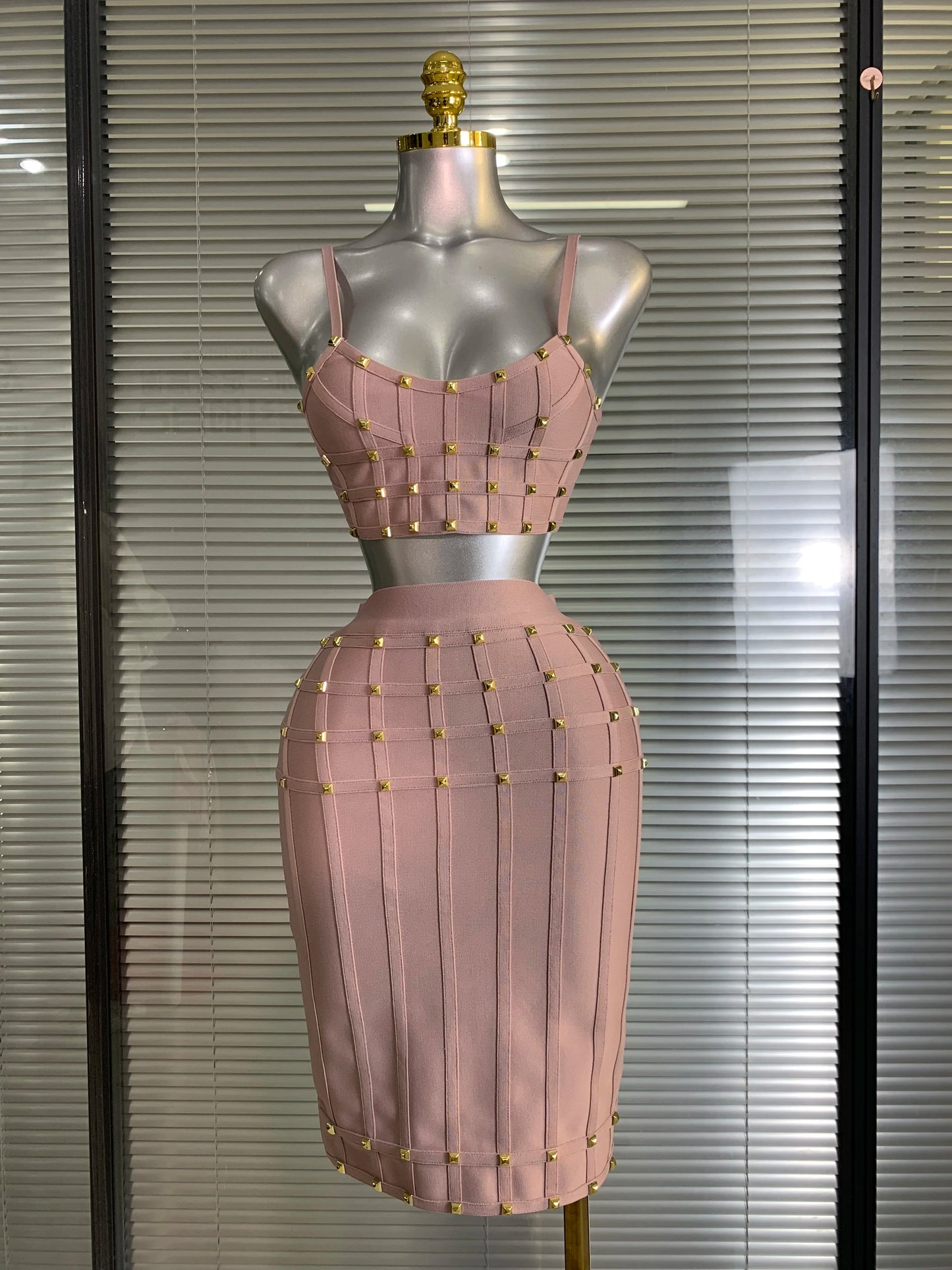 Été nouveau 2025 femmes Sexy rose Rivet pansement deux pièces ensemble célébrité soirée jupe costumes