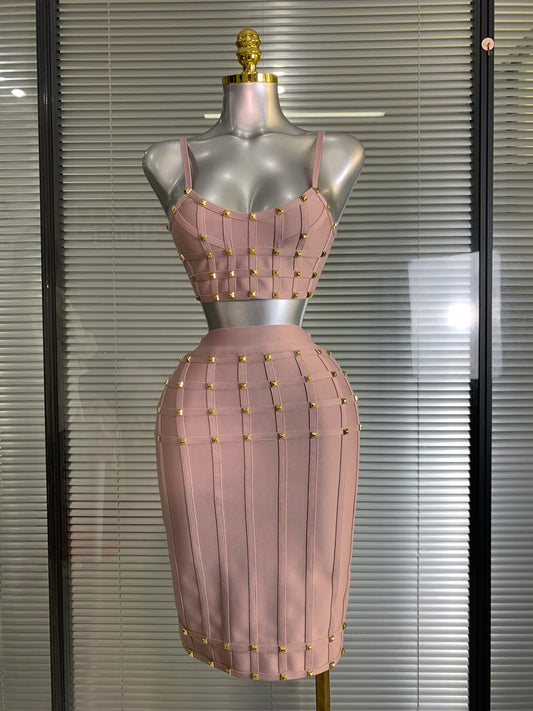 Été nouveau 2025 femmes Sexy rose Rivet pansement deux pièces ensemble célébrité soirée jupe costumes