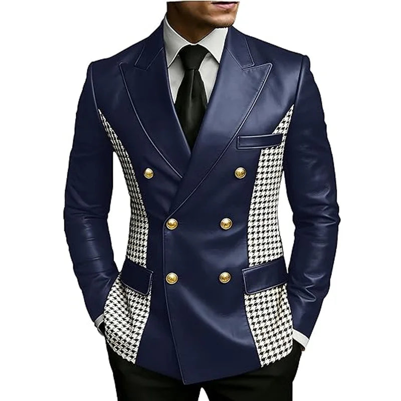 Blazer en cuir marron pour homme avec côtés à motif pied-de-poule, vintage, bicolore, double boutonnage, coupe ajustée, boutons dorés, veste de smoking en cuir