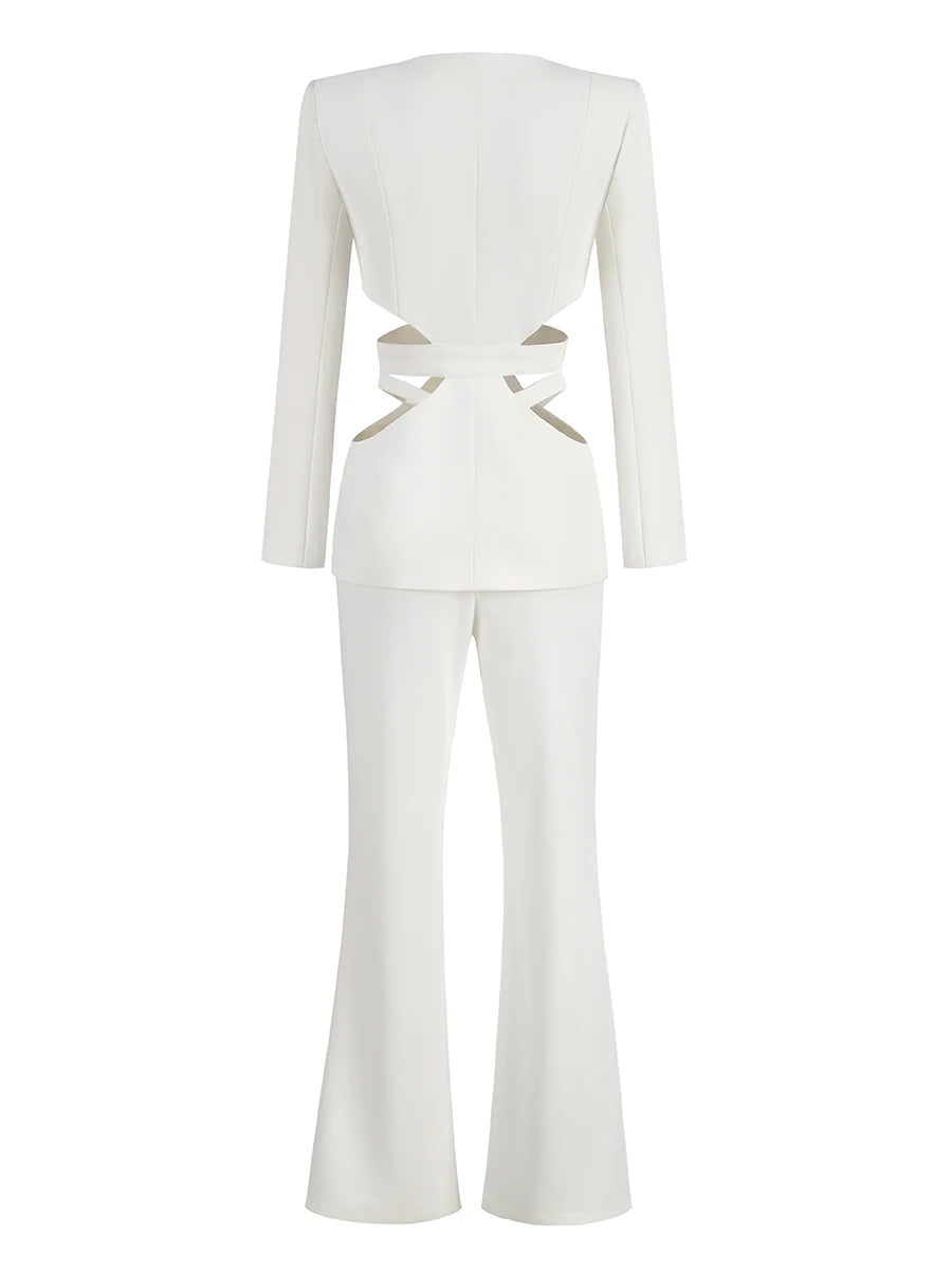 Ensembles de pantalons baggy trempés pour femmes, blazers courts à revers, veste d'automne, manches longues, taille basse, évider, fjgy, 2 pièces