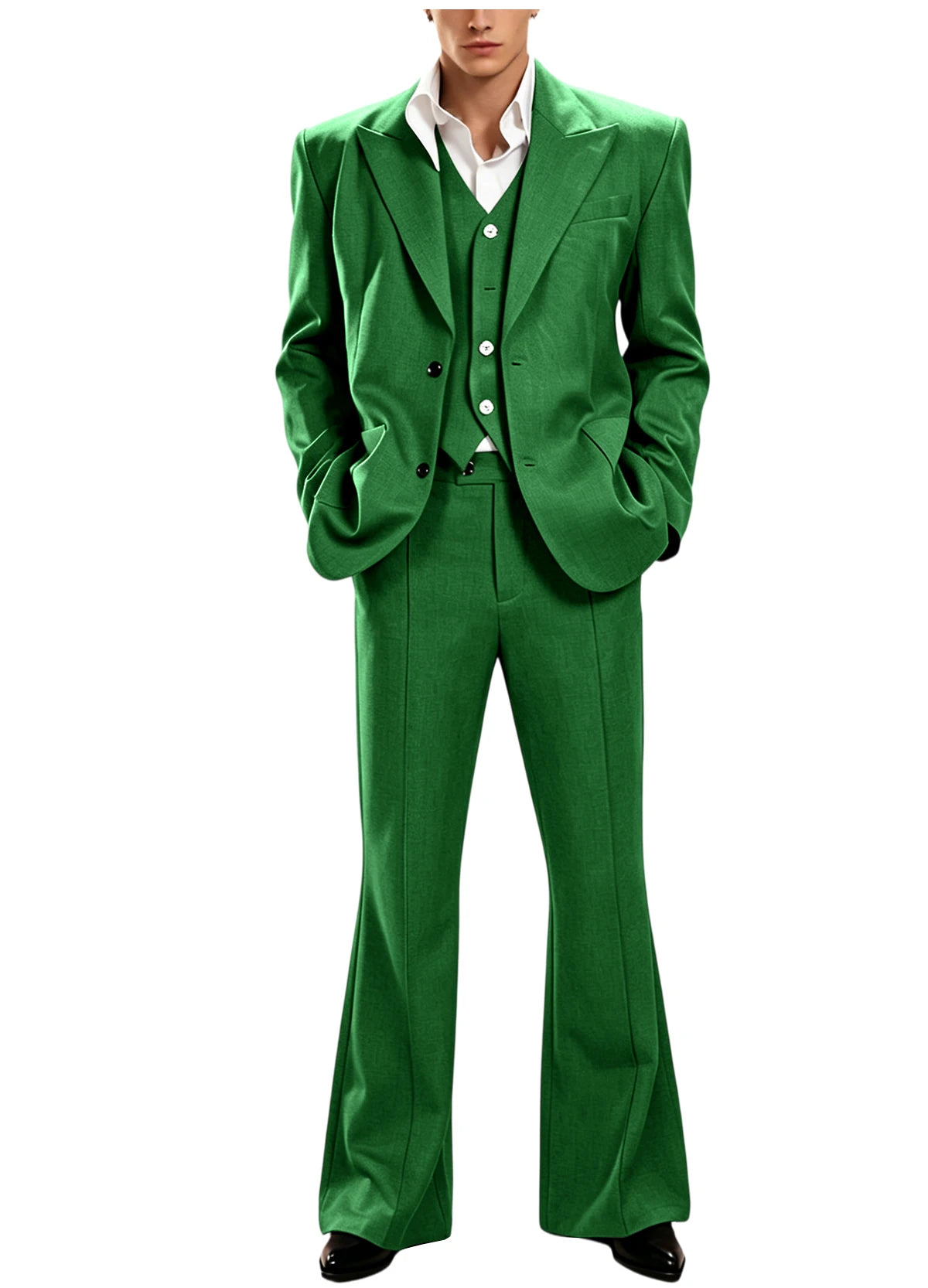 Ensemble de costume 3 pièces vintage pour homme, revers pointu, coupe ajustée, blazer croisé à 2 boutons, gilet et pantalon évasé pour occasions formelles, affaires et mariages