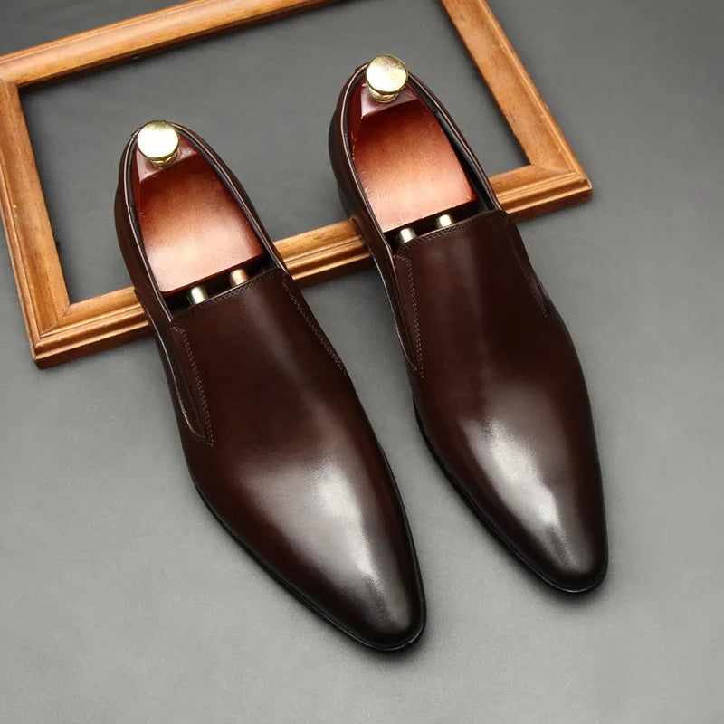 Chaussures à enfiler pour hommes à bout pointu en cuir véritable de vachette, style britannique, décontractées et habillées, première couche de qualité, enveloppantes