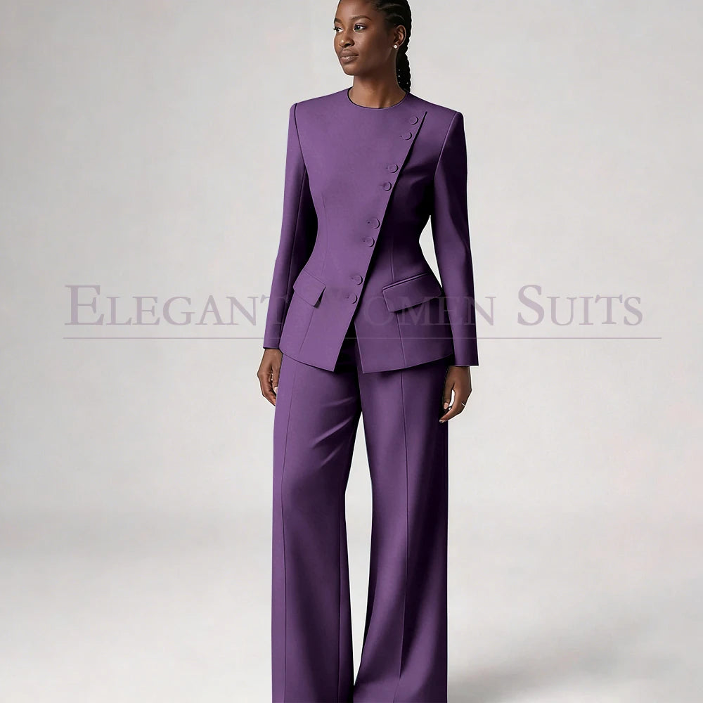 Costume de mode pour femme, blazer à simple boutonnage, col rond, longueur standard, ensemble 2 pièces veste et pantalon, tenue formelle de luxe