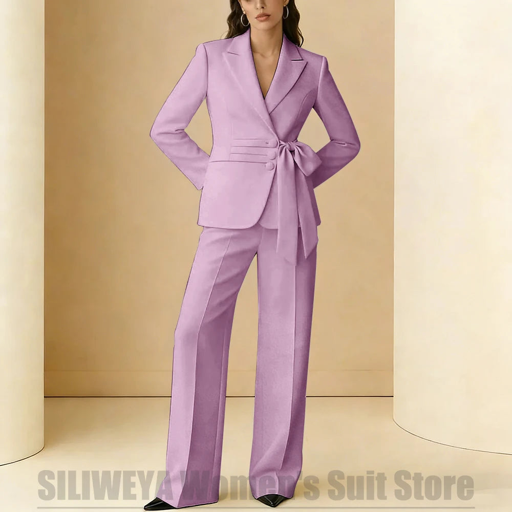Costume 2 pièces pour femmes, Design avec ceinture à nœud, tenue formelle pour fête de mariage, bal de promo, bureau, mode, revers, costumes quotidiens décontractés pour dames