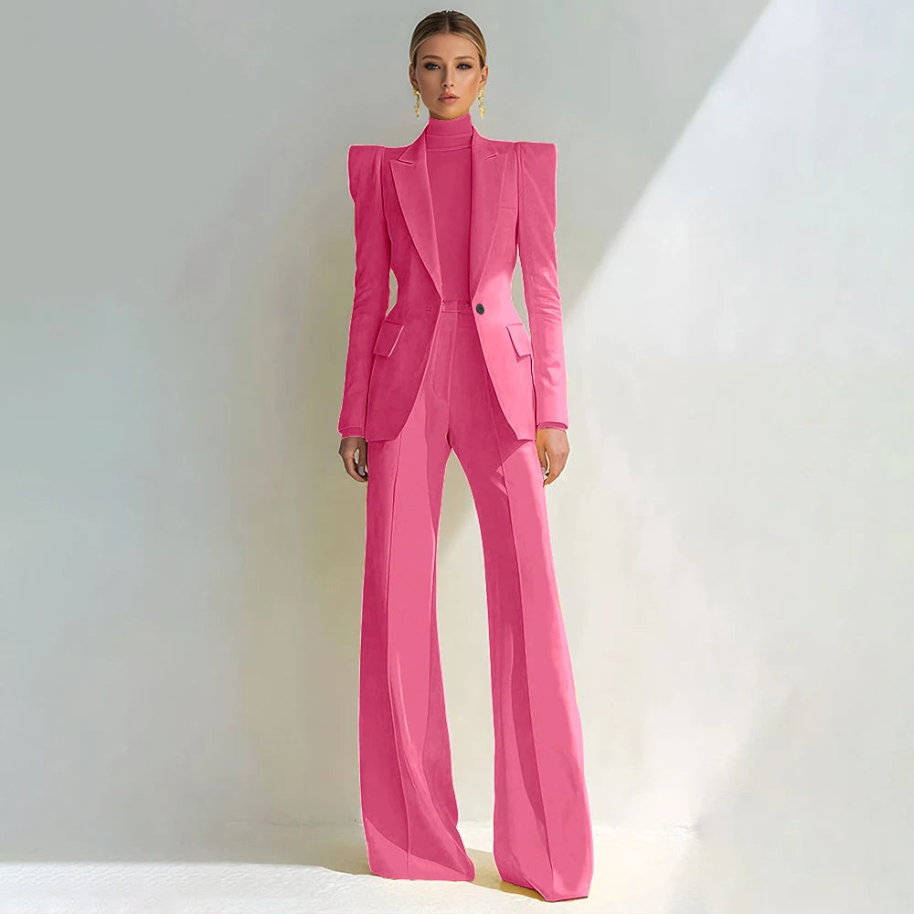 Costume rouge professionnel pour femmes, revers à pointe, bouton unique, Blazer élégant et pantalon évasé, ensemble 2 pièces, vêtements de bureau formels