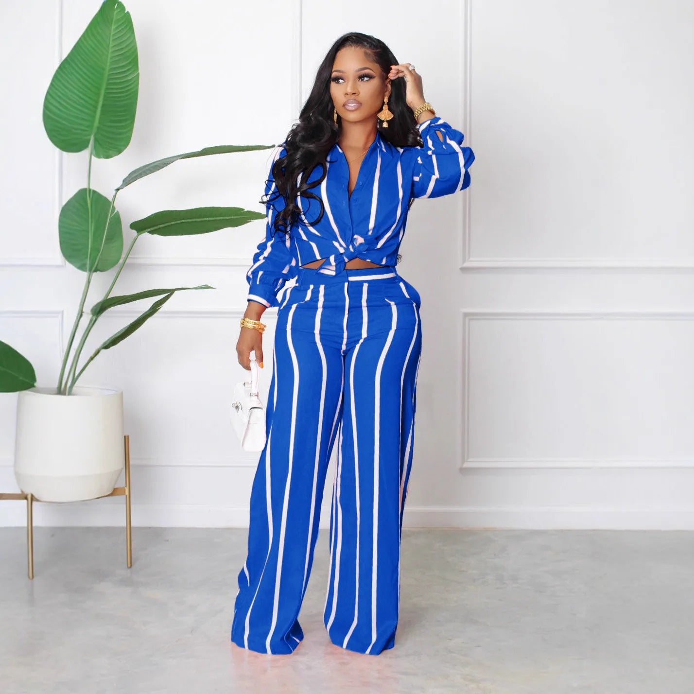 Women Outfit Two Piece Set Elegant Blouse Striped Print Long Sleeve Loose Fit Casual Summer Wear Female Clothing Sets Style