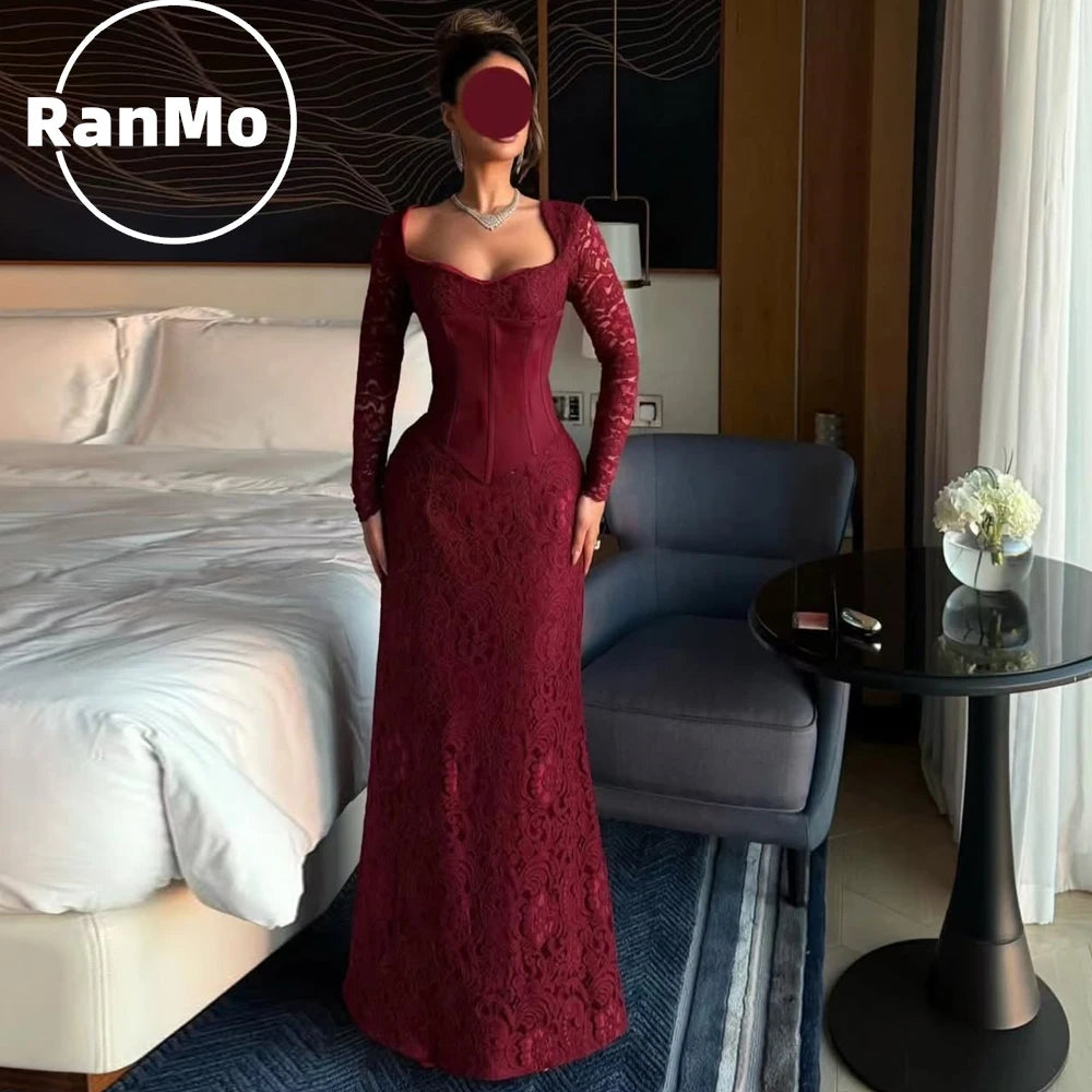 Ranmo Wine Red Lace sweetheart Long Sleeves Luxury women Evening Dresses 2026 Women Mermaid Dubai Long Party Gown Customized